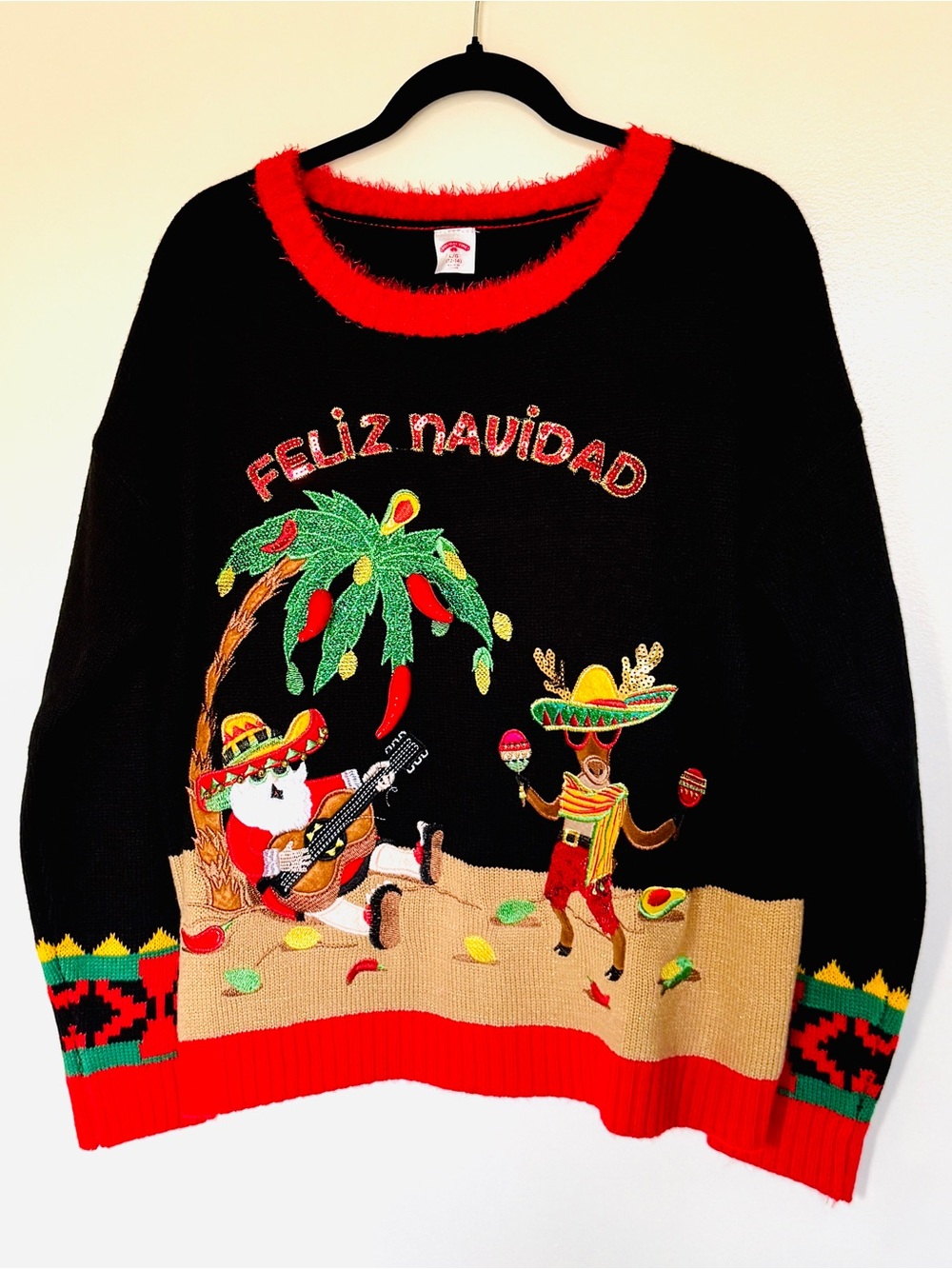 Feliz Navidad Santa & Reindeer Christmas Ugly Sweater L 12-14 Mexican Fiesta